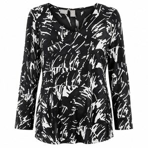 Chicos Travelers Black White Abstract‎ V-Neck Roll Tab Sleeve Top Size 3 16/18